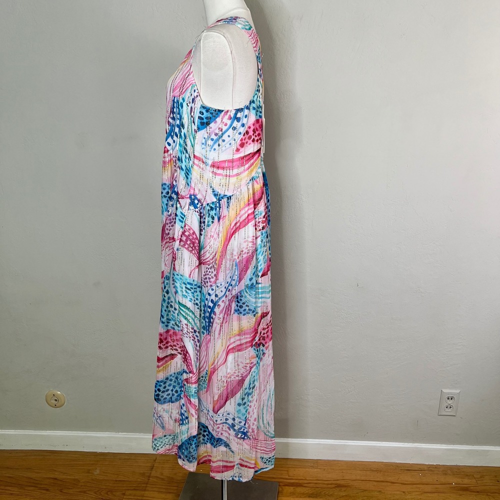 CIEBON Maxi Dress XS Colorful Abstract Metallic V-Neck Racerback Tropical NWT - Picture 3 of 9
